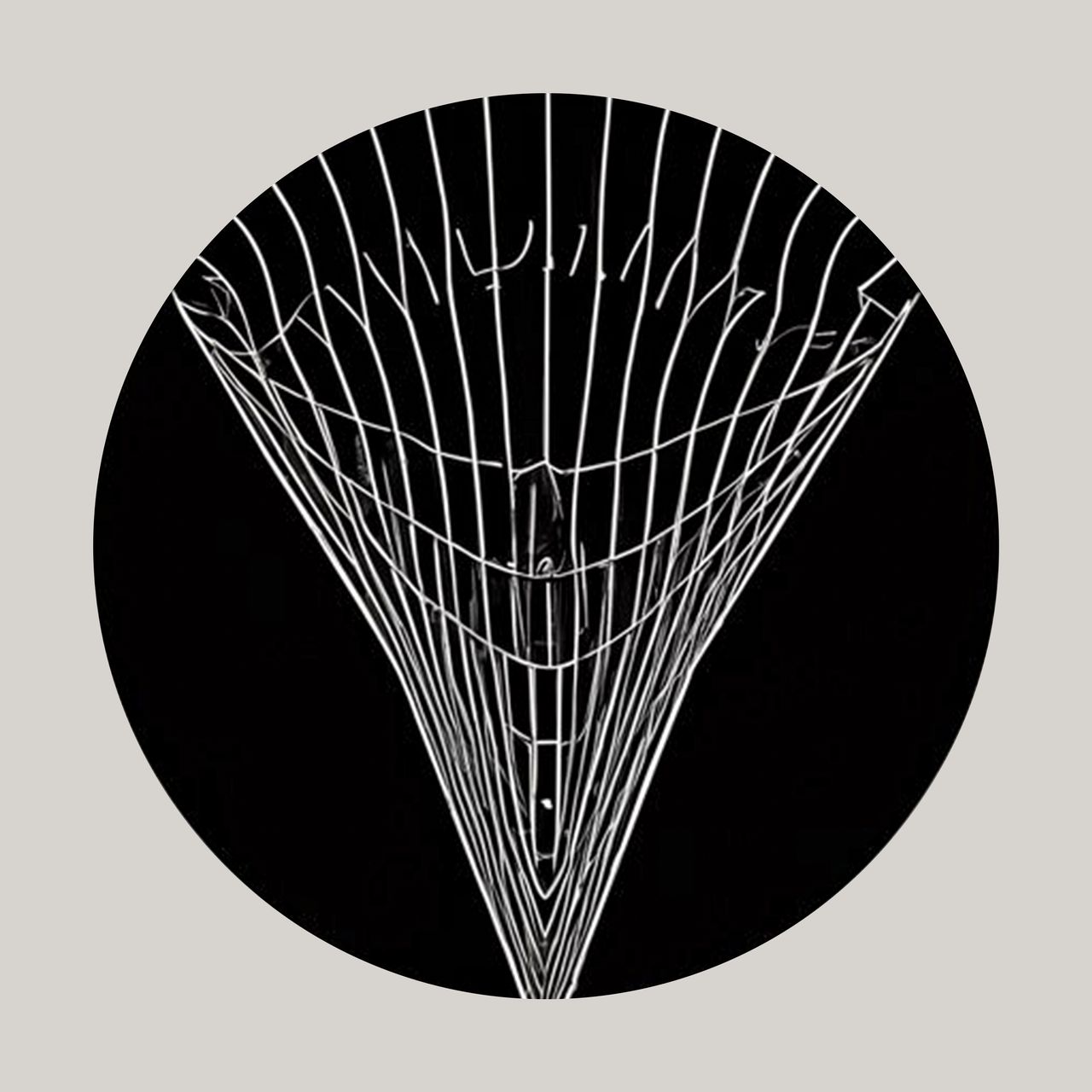 The image shows a black circle with a geometric, wireframe-like design at its center. The design resembles a 3D wireframe model of a funnel, with white lines converging toward a point at the bottom and expanding outward toward the top edge of the circle. The background is solid black. The entire image is set against a beige background.