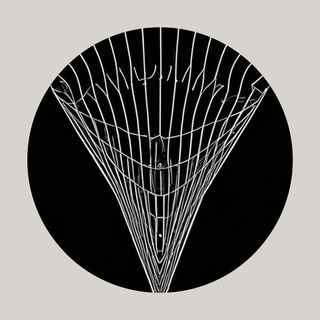 The image shows a black circle with a geometric, wireframe-like design at its center. The design resembles a 3D wireframe model of a funnel, with white lines converging toward a point at the bottom and expanding outward toward the top edge of the circle. The background is solid black. The entire image is set against a beige background.